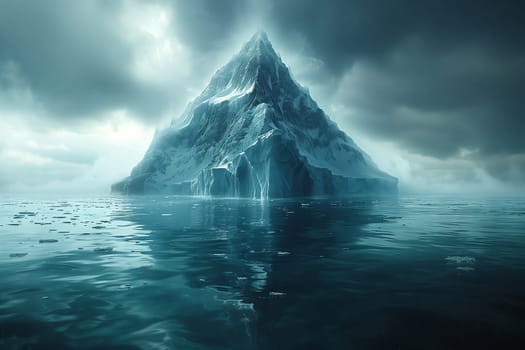 A massive iceberg peacefully drifts in the vast ocean, showcasing the beauty of the natural landscape with its towering ice cap against the backdrop of the sky and horizon