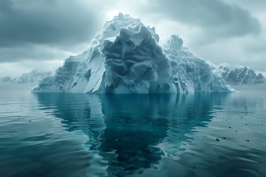 An immense iceberg drifts on the surface of liquid water, creating a striking contrast in the natural landscape where the sky meets the frozen ice cap