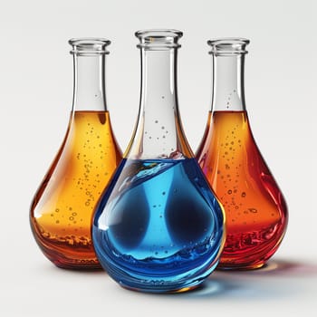 Three glass beakers filled with assorted colored liquids sit on a white background, resembling art paint on drinkware. The vibrant fluids create a visually stunning display of colors on the tableware