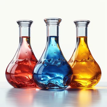 Three glass bottles filled with various colored liquids are displayed on a table as part of a serveware product showcasing different drink solutions