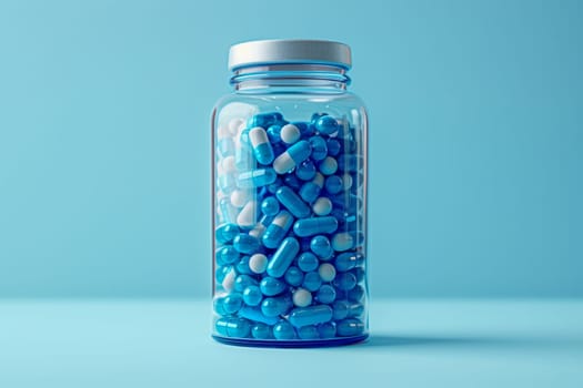 A bottle filled with blue and white pills on a blue background, resembling a liquid ingredient stored in food storage containers
