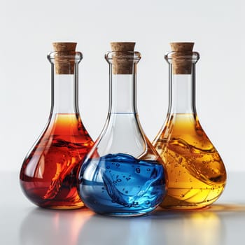 Three glass bottles containing different colored liquids, each sealed with a cork stopper, displayed on a table. The ambercolored fluid suggests an alcoholic beverage