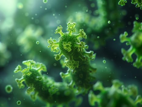A close up of a green virus floating in the air, resembling algae or underwater plant life, providing inspiration for art or marine biology research
