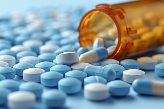 Liquid pills in electric blue and white colors spilling out onto a table, creating a closeup macro photography with a mix of metal and circle shapes