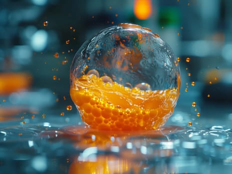 A mesmerizing closeup of a spherical glass container filled with vibrant orange liquid, placed on a table with a beautiful sky horizon reflection