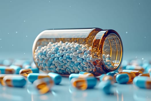 A jar filled with blue and yellow pills is surrounded by pills made of natural materials. The jar is decorated with electric blue body jewelry in a creative arts design