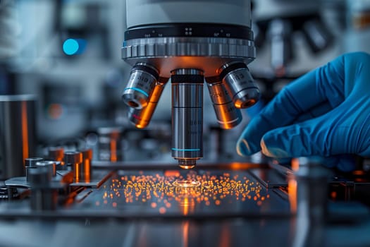 a person is looking through a microscope in a laboratory . High quality