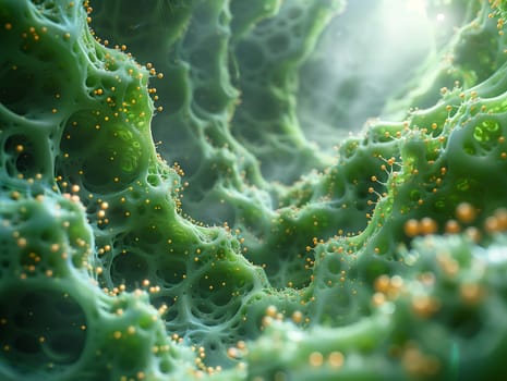 A computer generated image of a green sponge resembling a terrestrial plant with bubbles, similar to a closeup of a flowering plant underwater in a reef ecosystem