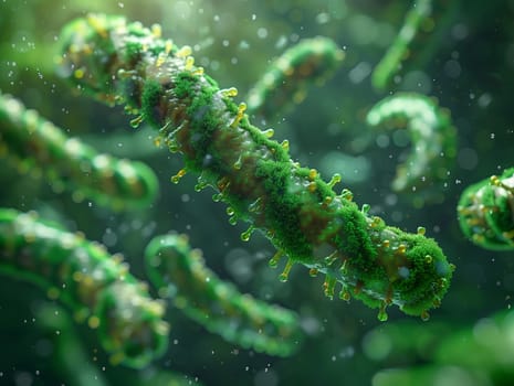 A computer generated image of green algae floating underwater, resembling a group of bacteria. The artistic representation showcases marine biology and the beauty of underwater plant life