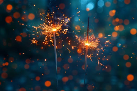 Two electric blue sparklers light up the dark night with a blurry background. The atmospheric phenomenon creates a mesmerizing scene in the natural environment