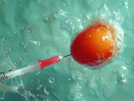 A syringe penetrates an orange balloon floating in a pool of water, creating a circular ripple effect. This scientific event can be used as a recreation or inspiration for painting waves