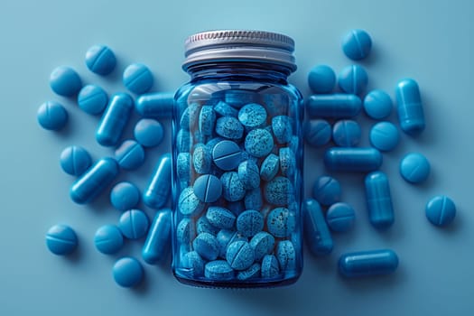 An artfully arranged jar filled with azure pills and capsules sits on a blue background, creating a striking visual of electric blue accents against aqua tones