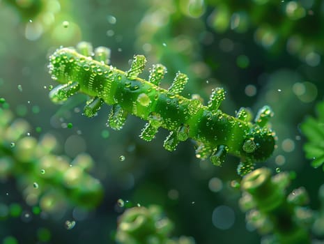 A macro photography close up of a terrestrial plant with water drops on its leaves, showcasing the beauty of natures intricate details