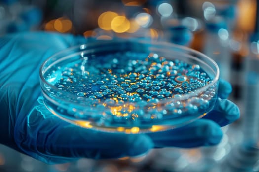 A person wearing electric blue gloves is holding a petri dish filled with aqua liquid, creating a mesmerizing pattern of moisture drops on the glass