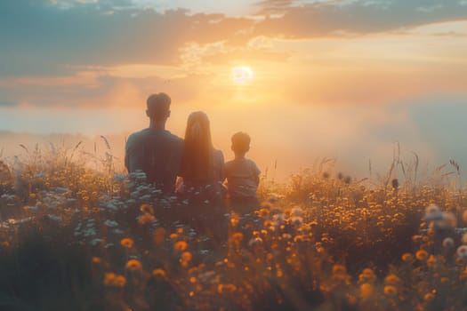 A happy family is watching the sunset in a field of flowers, surrounded by natural landscape. The sunlight creates a beautiful afterglow in the sky