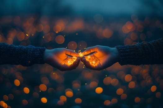 Against a backdrop of electric blue sky and lush landscape, two people wearing sunglasses are happily holding sparklers, creating a dazzling display of light in their hands