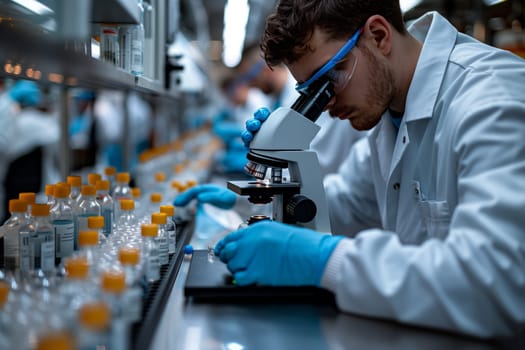 a scientist is looking through a microscope in a laboratory . High quality