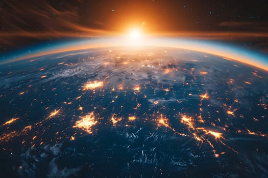 A breathtaking view of Earth from space at night with the sun rising over the horizon, casting sunlight across the atmosphere, creating a stunning astronomical and atmospheric phenomenon