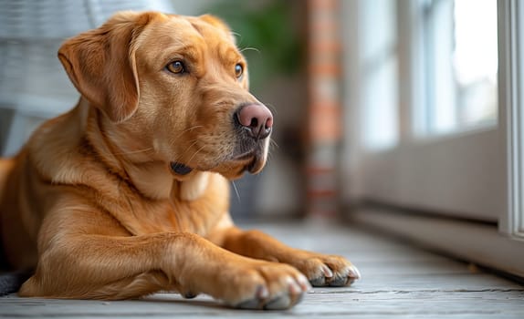 A carnivorous dog breed, with fawn and liver coloring, is laying on the hardwood flooring next to a window. This terrestrial animal is a loyal companion dog