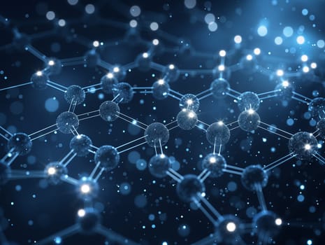 An electric blue computergenerated image of a molecular structure floating on a dark blue background. The pattern resembles a watery fluid in space, combining science and art