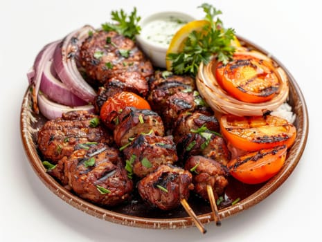 Arabic mixed grill with kofta kebab and grilled chicken, grilled onion, tomato isolated on white background.