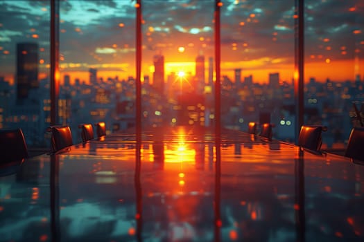 The city skyline glows with the orange afterglow of sunset, creating a mesmerizing atmosphere as day transitions into dusk from the conference room