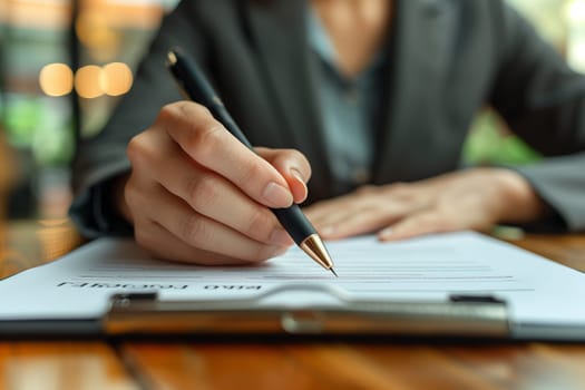 A woman is using her hand to write on a clipboard with a pen at her desk. She is surrounded by office supplies and gestures with her finger as she carefully selects the font