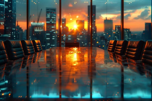 A conference room in a skyscraper with a long table and chairs, offering a stunning view of the city skyline at sunset