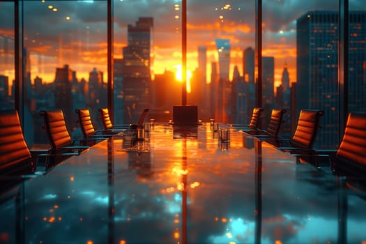A conference room with a long table and chairs offering a stunning view of the city at sunset, with skyscrapers, tower blocks, and the colorful sky creating a beautiful atmosphere
