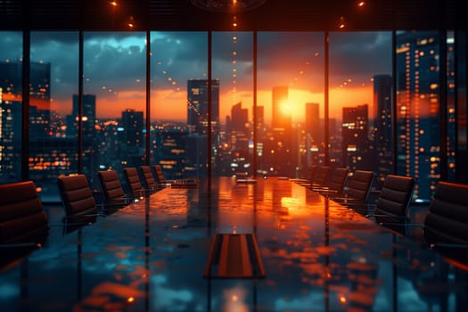 A conference room in a building with a long table and chairs, displaying a view of the city at sunset. The city skyline and tower blocks create an artistic backdrop against the colorful horizon