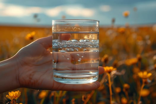 A person is holding a glass of water in front of a field of flowers, showcasing the clear liquid against the colorful plant backdrop