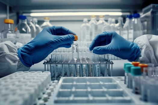 In a laboratory, a scientist is holding a test tube filled with an electric blue fluid, conducting research on a potential solution in engineering and gas science