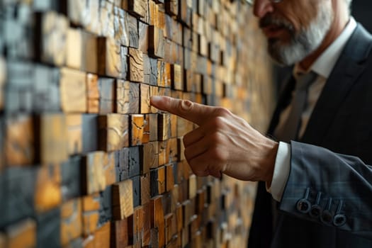 The artist in a suit and blazer is gesturing towards a wooden wall, showcasing his collection of visual arts publications