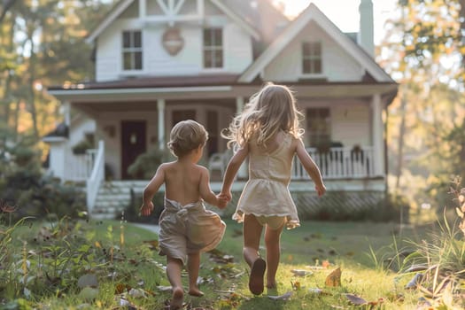 A boy and a girl are running towards a cottage hand in hand through the grassy landscape, beside a tree and a building with windows, enjoying a leisurely moment together