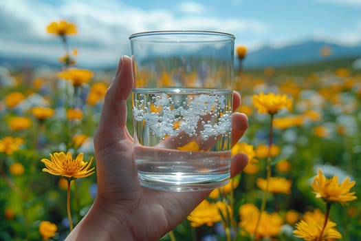 A person is standing in a field of yellow flowers, holding a glass of water. The sunlight is shining down from a clear blue sky with fluffy clouds, highlighting the natural beauty of the ecoregion