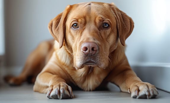 A livercolored dog breed is laying on the wood flooring, gazing at the camera with its fawncolored coat. This carnivore has whiskers and a snout, embodying the loyal nature of a companion dog