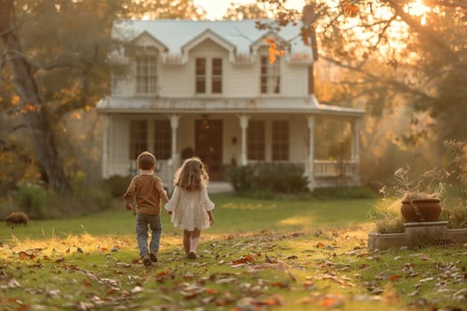 A boy and a girl are strolling towards a white house located in a lush natural landscape with trees, grass, and a wellmaintained lawn