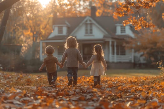 Three children are holding hands and walking in front of a charming house, surrounded by a lush natural landscape of trees, branches, and green grass
