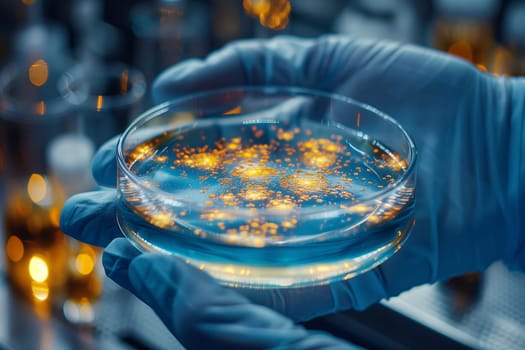 The person is holding a petri dish filled with water and bacteria. The liquid in the dish is a cloudy blue color. The bacteria are visible as tiny organisms under the glass