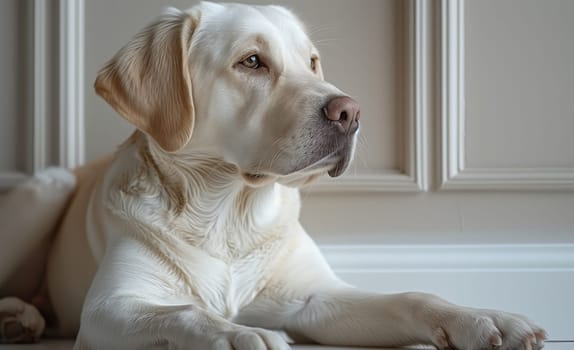 A fawncolored Companion dog, belonging to the Canidae family, is peacefully lying on the flooring, gazing out the window with its ears perked up and whiskers alert