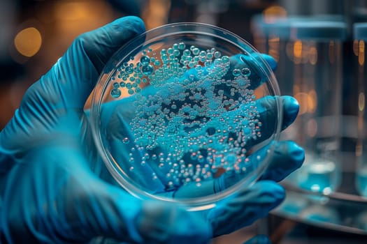 The person is holding a petri dish filled with bacteria culture. The liquid inside resembles electric blue fluid. It seems like a dance of microorganisms under a jeweled sleeve