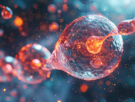 An upclose view of a cell emitting numerous bubbles, resembling an organism underwater. The electric blue bubbles give the image an artistic touch, creating a science fiction vibe