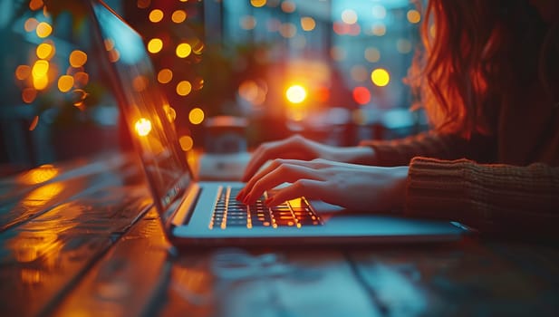 A woman is typing on her laptop computer at night, the soft orange glow of the screen illuminating the dark wood desk. The heat from the computer warms her hands as she types