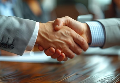 Two individuals are exchanging a firm handshake across a sturdy wooden table, showcasing a gesture of agreement and respect on the hardwood surface