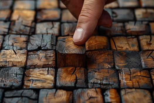 A person is making a gesture by touching a piece of wood on a wooden table, feeling the texture of the property. The wood has a unique font pattern in rectangular shapes
