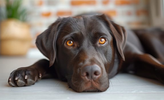 Closeup of a livercolored dog from the Sporting Group laying on the floor and gazing at the camera. This carnivorous terrestrial animal is a working companion and gun dog with a shiny fur coat