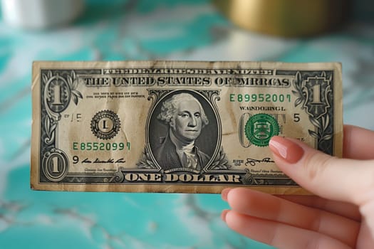 A person is holding a green banknote in their hand, grasping it between their thumb and finger. The crisp currency features intricate font and design details, representing monetary value