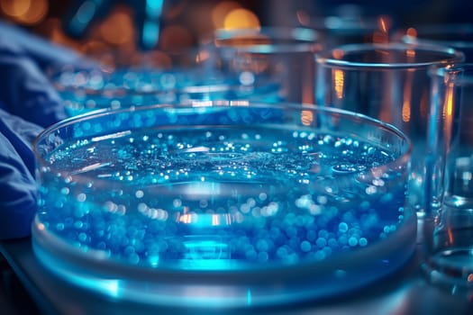 A petri dish filled with blue liquid, resembling drinking water, placed on a table as part of a scientific experiment