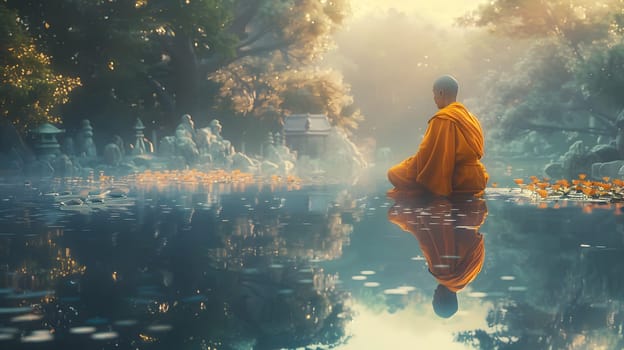 A monk peacefully meditates in a tranquil pond, with his reflection creating a picturesque scene blending water, sky, and atmospheric phenomenon