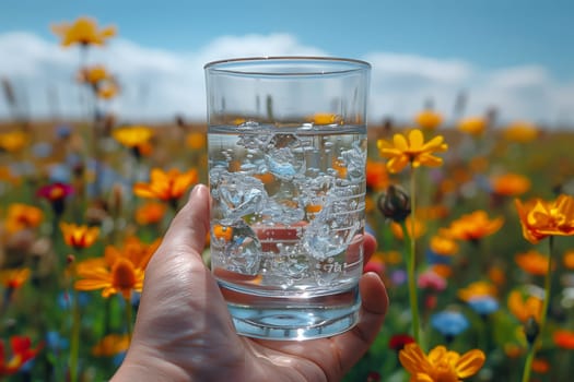 A person is holding a glass of water with ice on a table in front of a beautiful field of flowers, with the sky filled with fluffy clouds above
